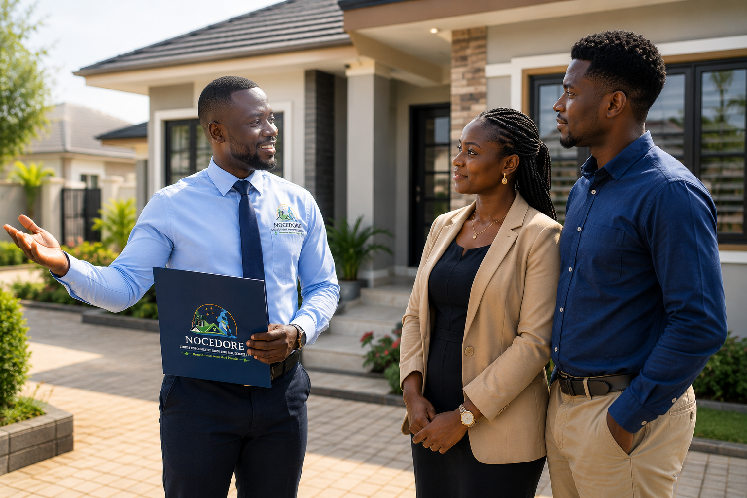 NOCEDORE real estate advisor guiding clients outside a modern home